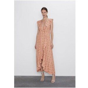 Zara Peach Floral Jacquard Ruffle Sleeve Whimsigoth Hi-Lo Maxi Dress Sz. M